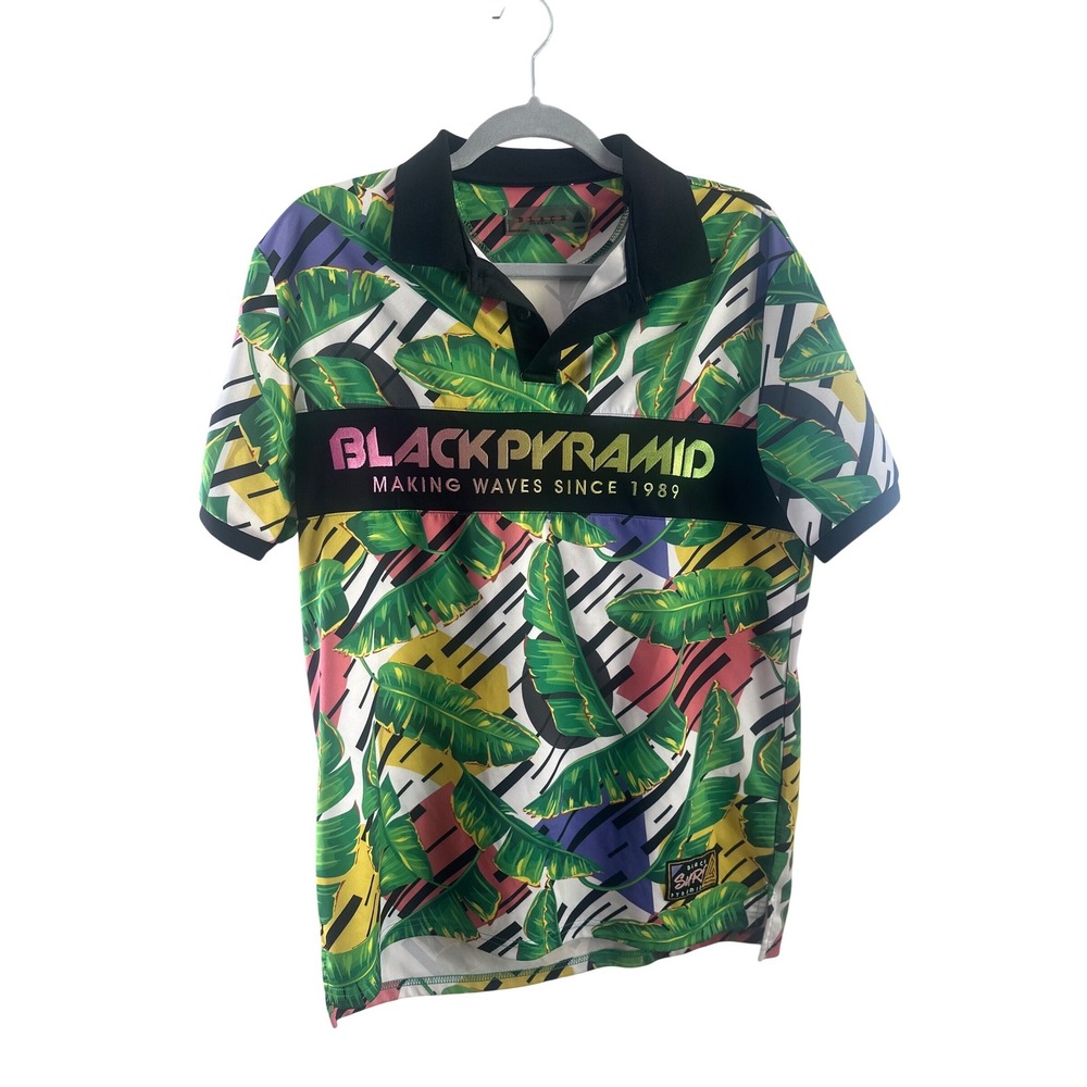 Black Pyramid Mens‎ Tropical Banana Leaf Polo Shirt Multicolor Streetwear Medium